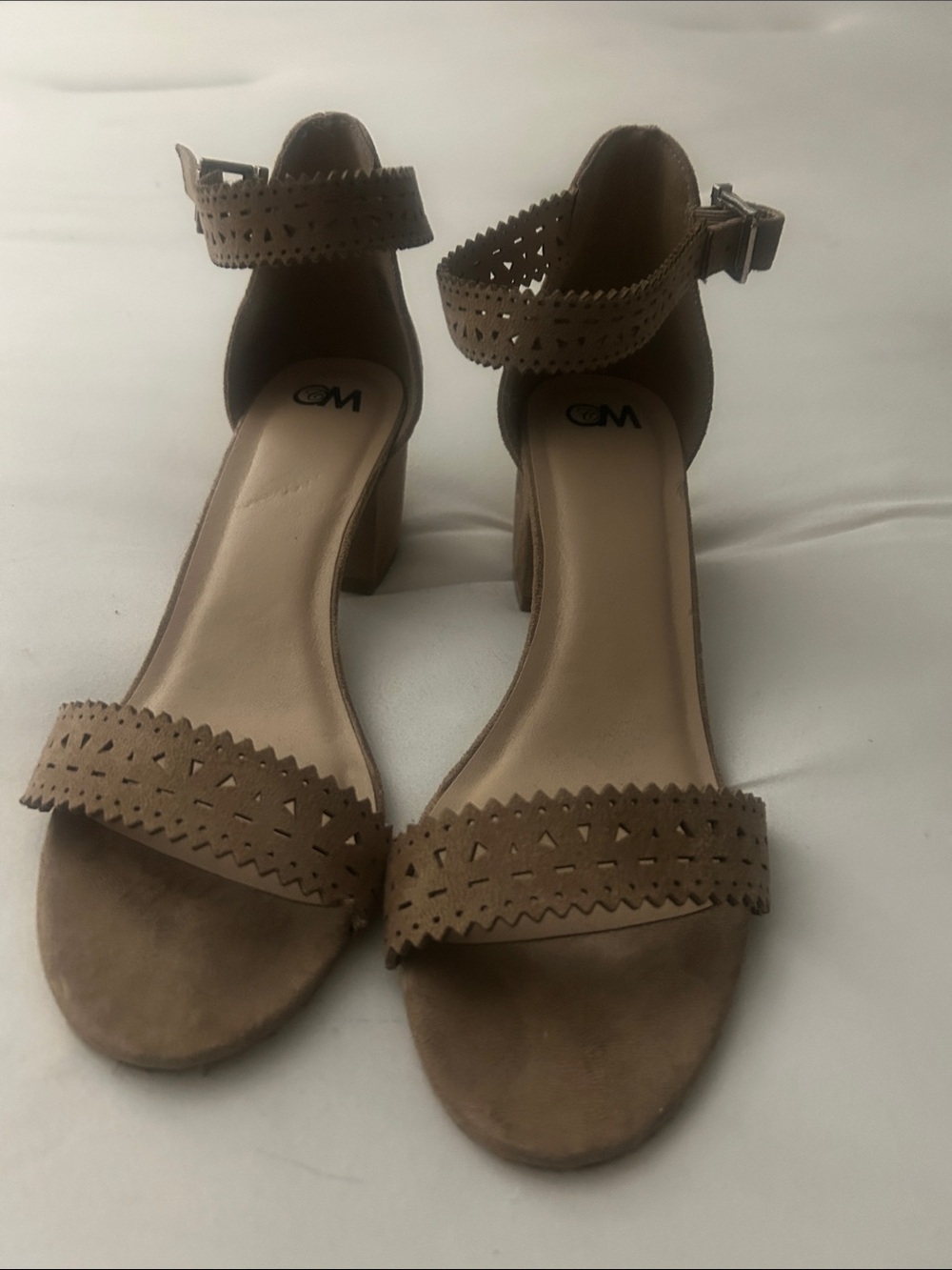 Tan Laser-Cut Ankle Strap Block Heels
